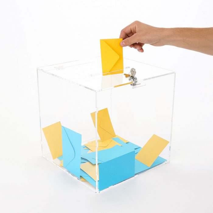 cubo trasparente porta buste in plexiglass da banco