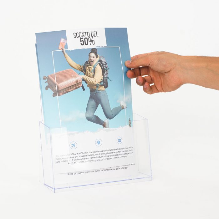 porta depliant da banco con mano