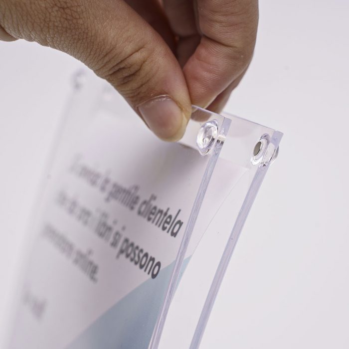 espositore porta avvisi in plexiglass trasparente con calamita da banco