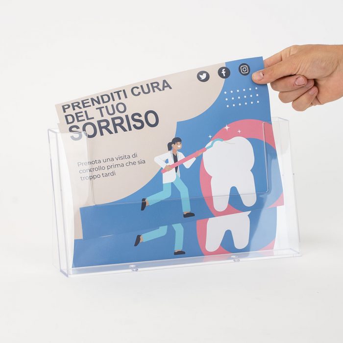 porta depliant da banco in plexiglass trasparente a4 orizzontale