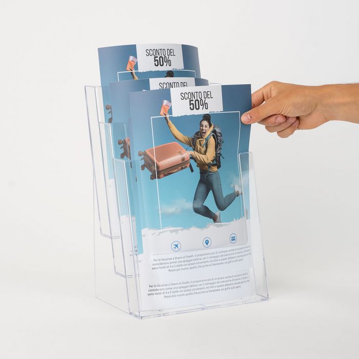 porta depliant in plexiglass tre tasche a4 da banco