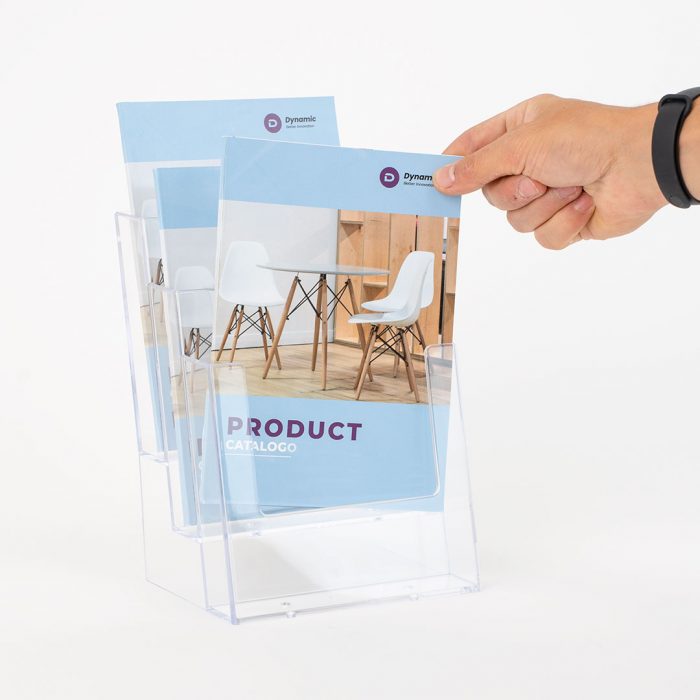 porta depliant in plexiglass trasparente tre tasche