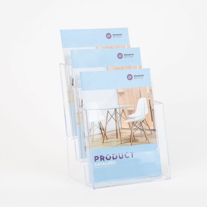 porta depliant in plexiglass trasparente tre tasche a5