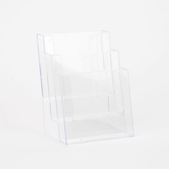 porta depliant in plexiglass trasparente tre tasche da banco