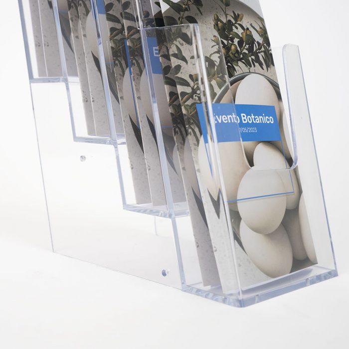espositore depliant 4 tasche plexiglass trasparente da banco