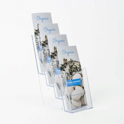 porta depliant 4 tasche 13 a4 in plexiglass trasparente da banco