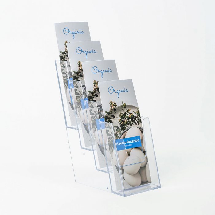 porta depliant 4 tasche 13 a4 in plexiglass trasparente da banco