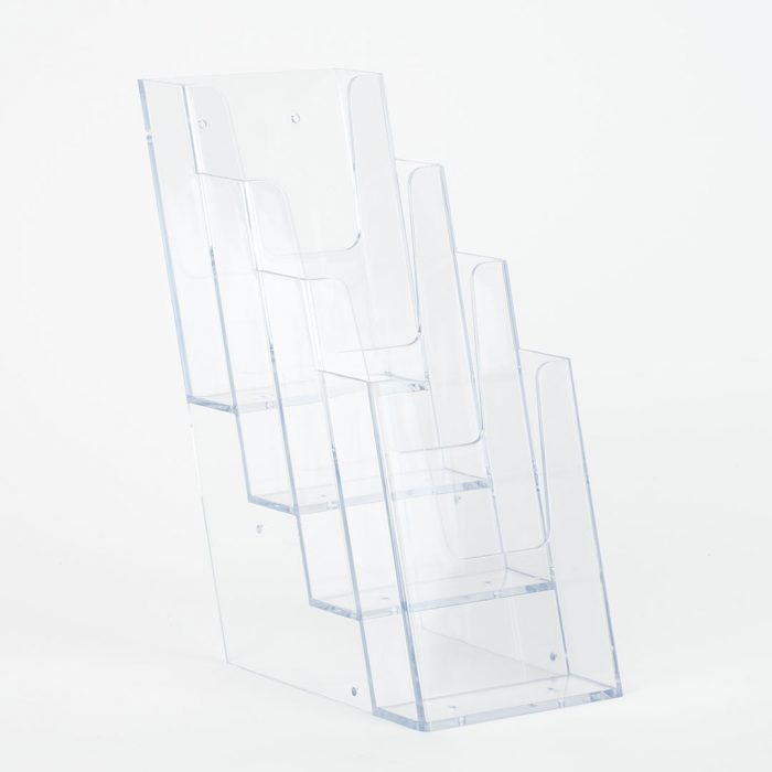 porta depliant in plexiglass trasparente 4 tasche 13 a4 da banco