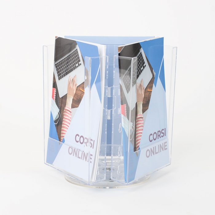 porta deplian girevole 3 tasche in plexiglass da banco