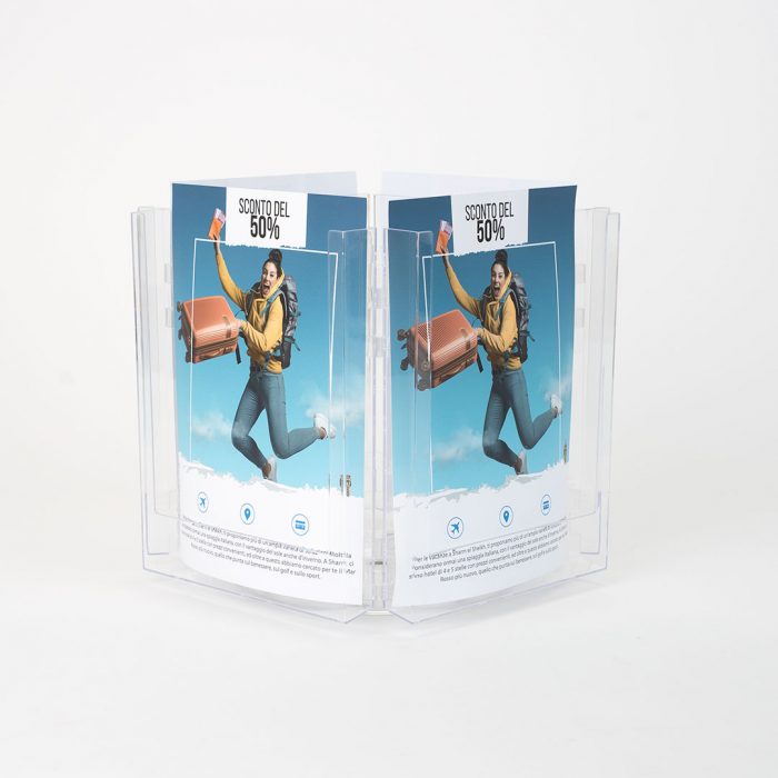 porta deplian girevole 4 tasche in plexiglass da banco