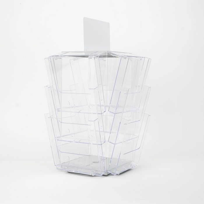 porta deplian girevole 12 tasche in plexiglass trasparente da banco