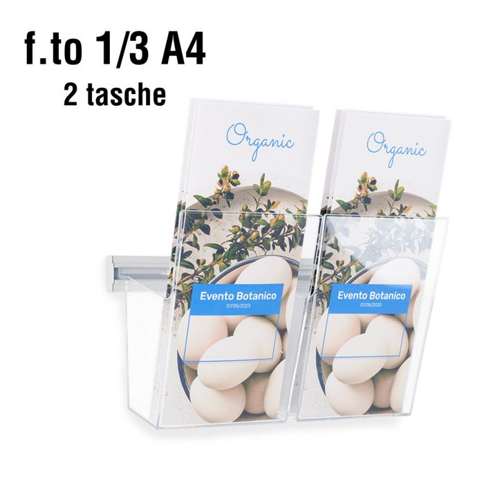 Porta depliant da parete con barra lunghezza 25cm e 2 tasche f.to 1/3 A4 verticale - immagine 2