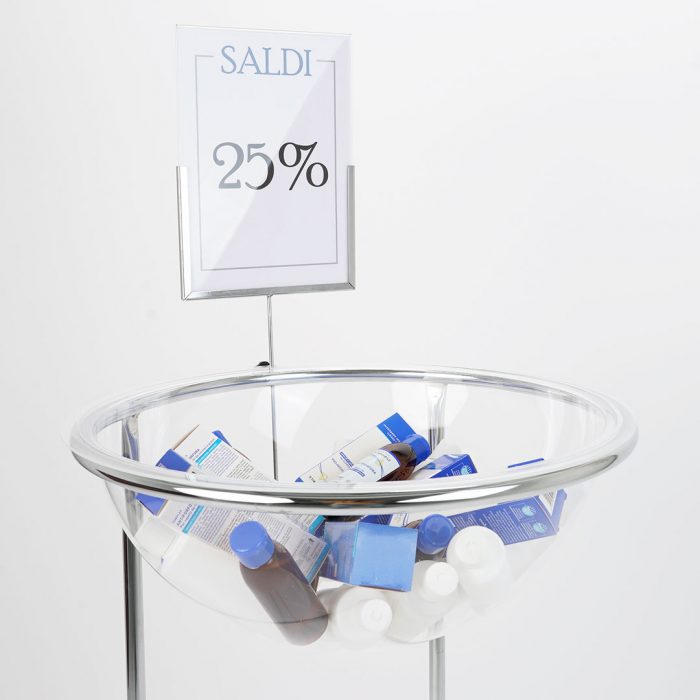 bancarella smontabile con porta avvisi A4 in plexiglass trasoparente da terra