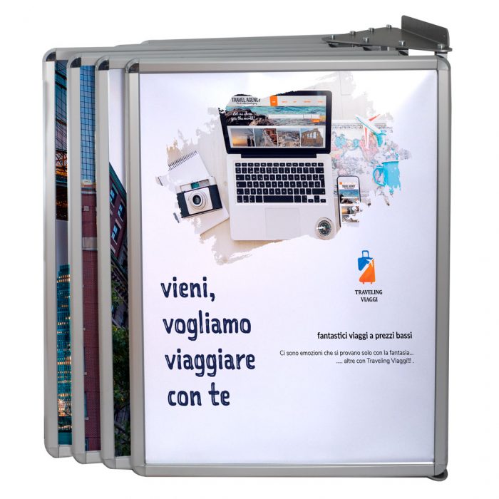 Espositore a libro da parete con staffa triangolare e 12 cornici porta poster - 6 pagine bifacciali - immagine 1