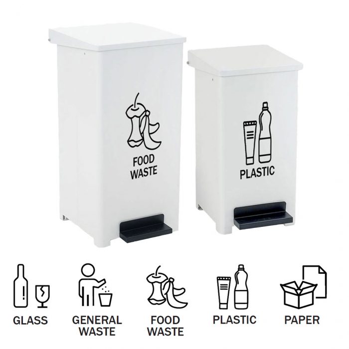Pattumiera in metallo bianco con pedale e coperchio con sistema frenante completo di kit pittogrammi - Capacità 42 Lt - immagine 2