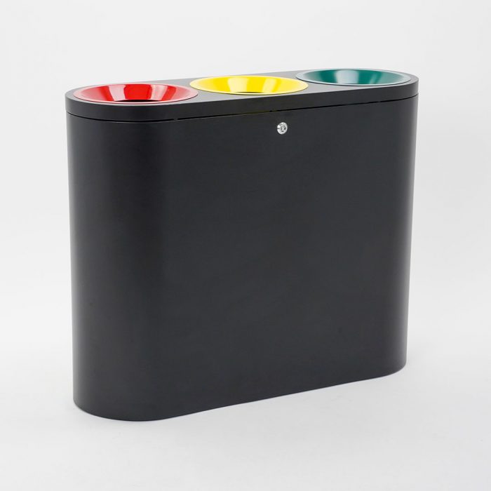 Pattumiera differenziata in metallo verniciato nero a tre scomparti completo di kit pittogrammi - Capacità totale 120 Lt. - immagine 4