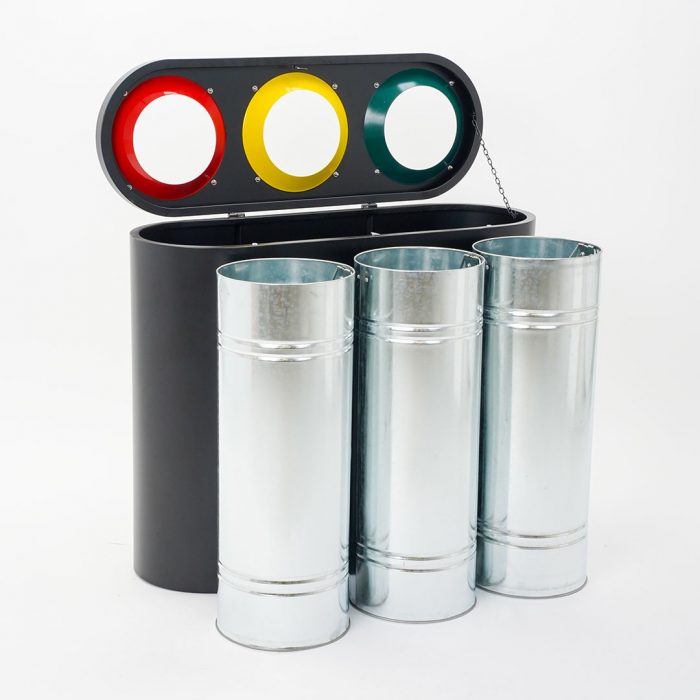 Pattumiera differenziata in metallo verniciato nero a tre scomparti completo di kit pittogrammi - Capacità totale 120 Lt. - immagine 3