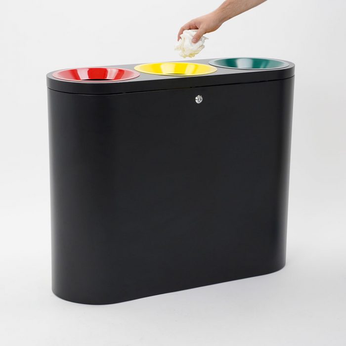 Pattumiera differenziata in metallo verniciato nero a tre scomparti completo di kit pittogrammi - Capacità totale 120 Lt. - immagine 8