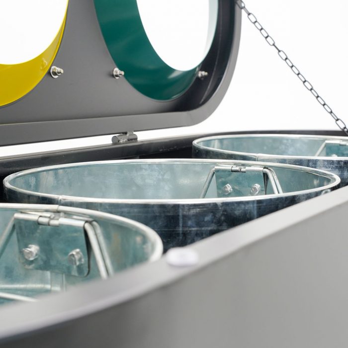 Pattumiera differenziata in metallo verniciato nero a tre scomparti completo di kit pittogrammi - Capacità totale 120 Lt. - immagine 6